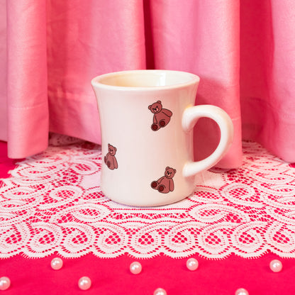 white coffee mug with brown teddy bears