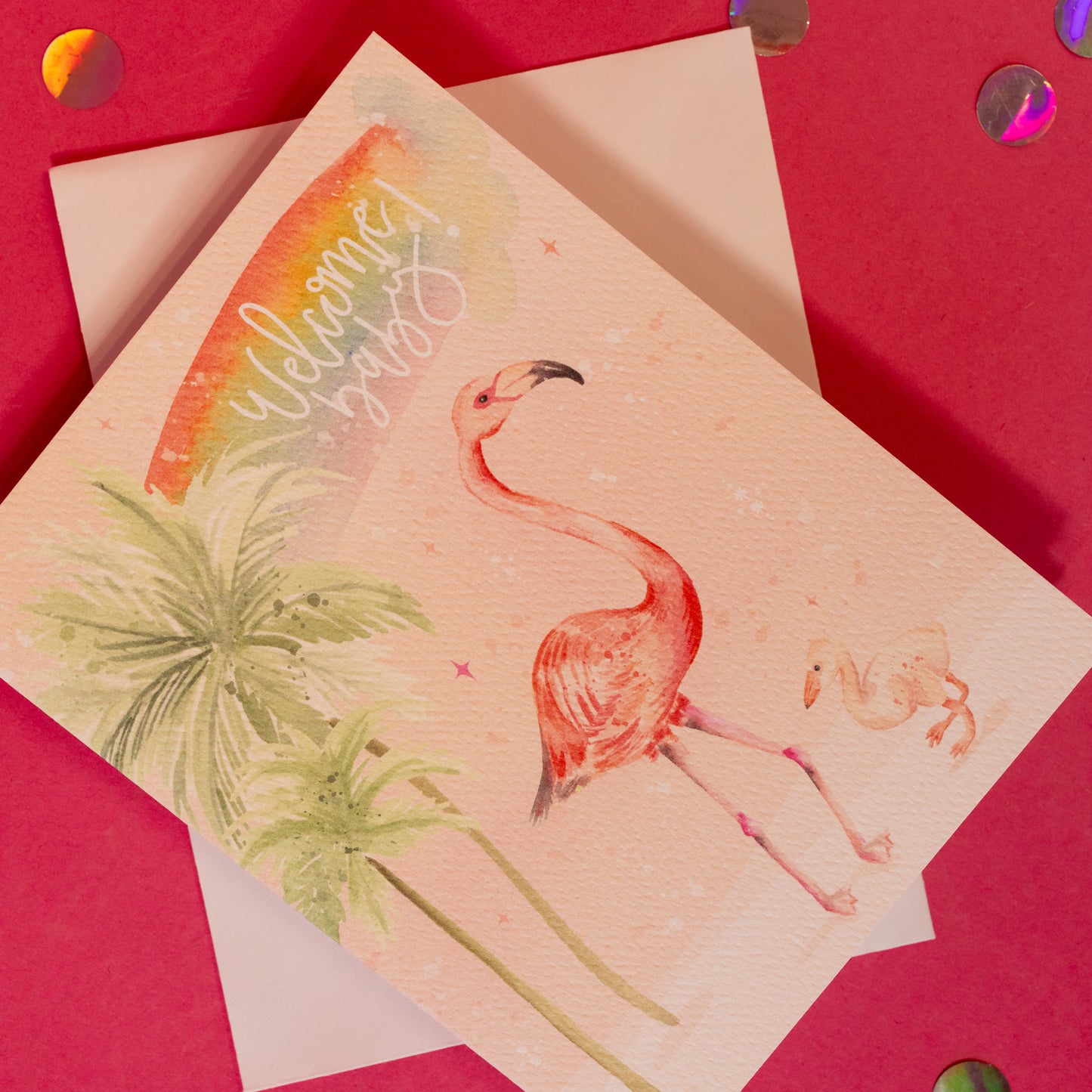 Welcome Baby Tropical Flamingo Greeting Card