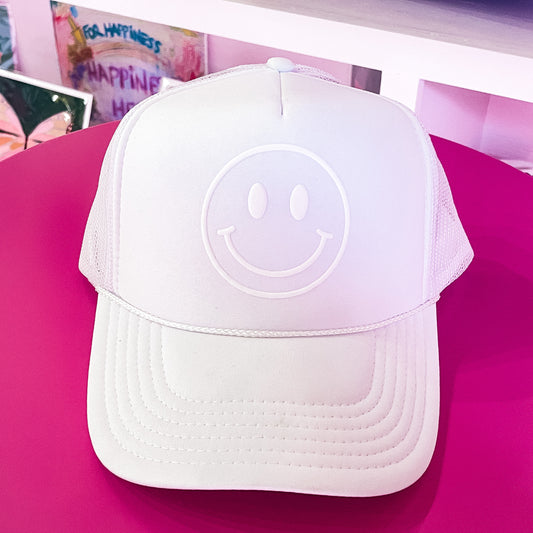 Smiley Face Monochromatic White Trucker Hat - Gasp