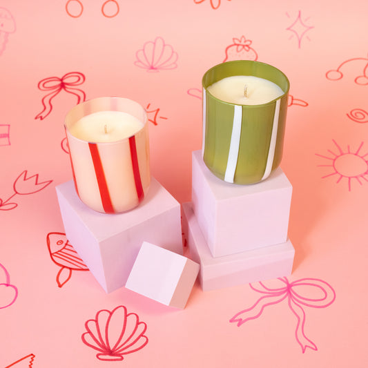 pink and green striped candles