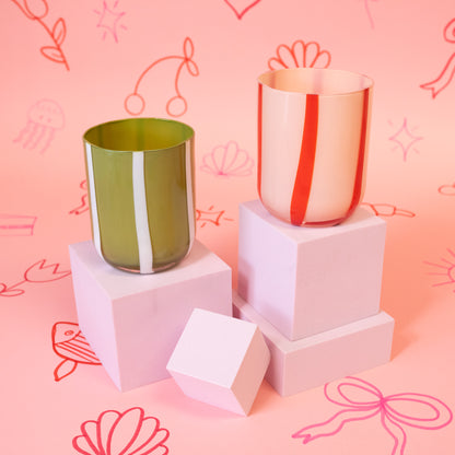 green and white and pink and white striped cups