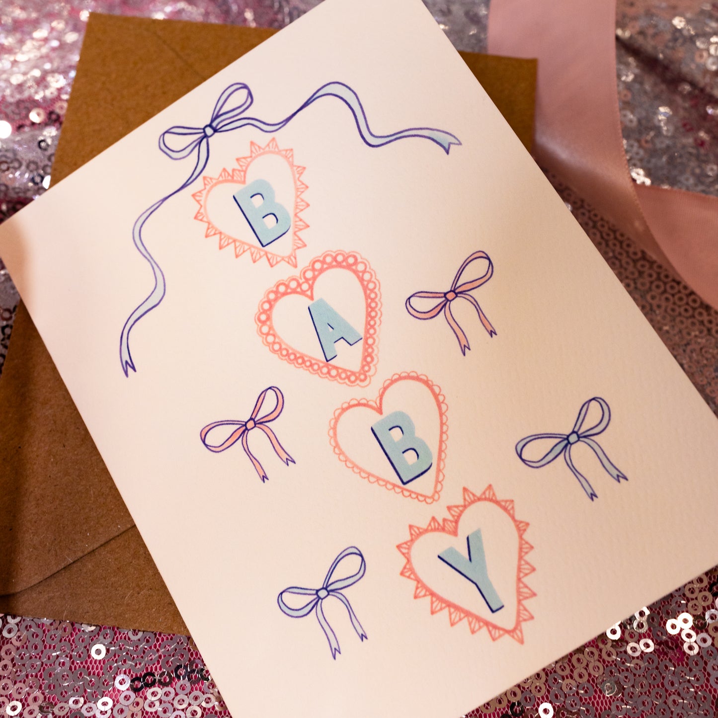 baby shower hearts and bows card