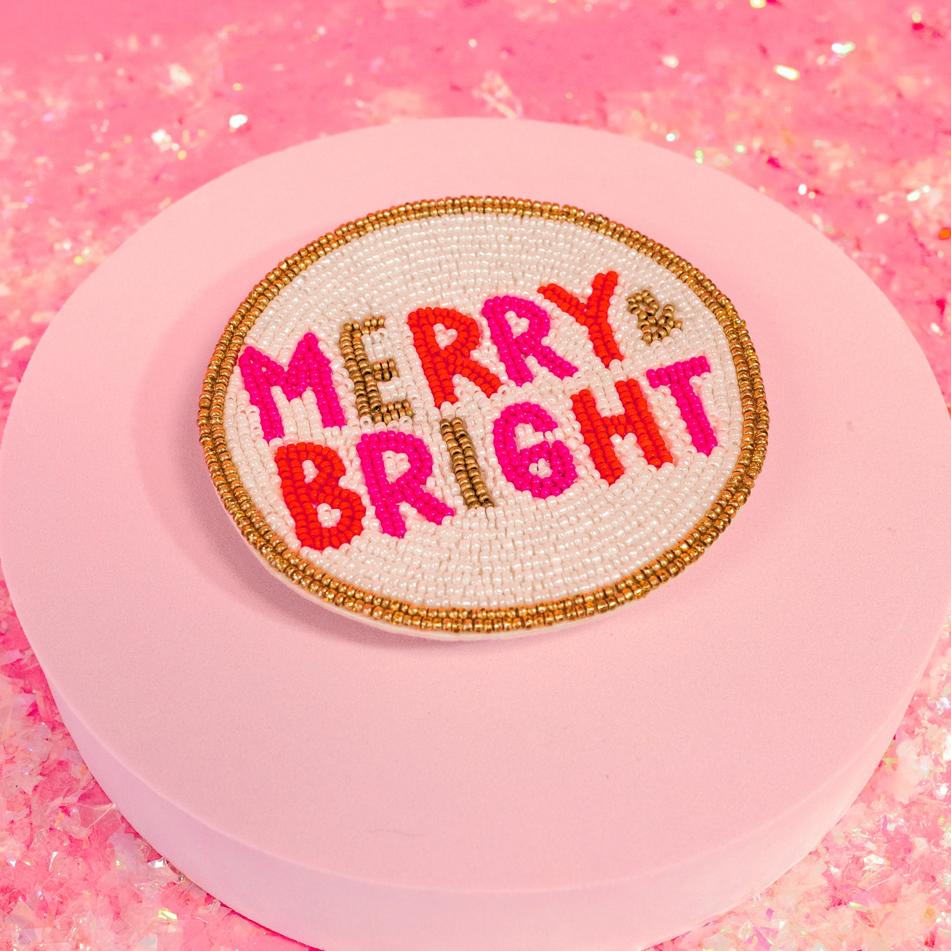 merry and bright in pink gold and pink coaster