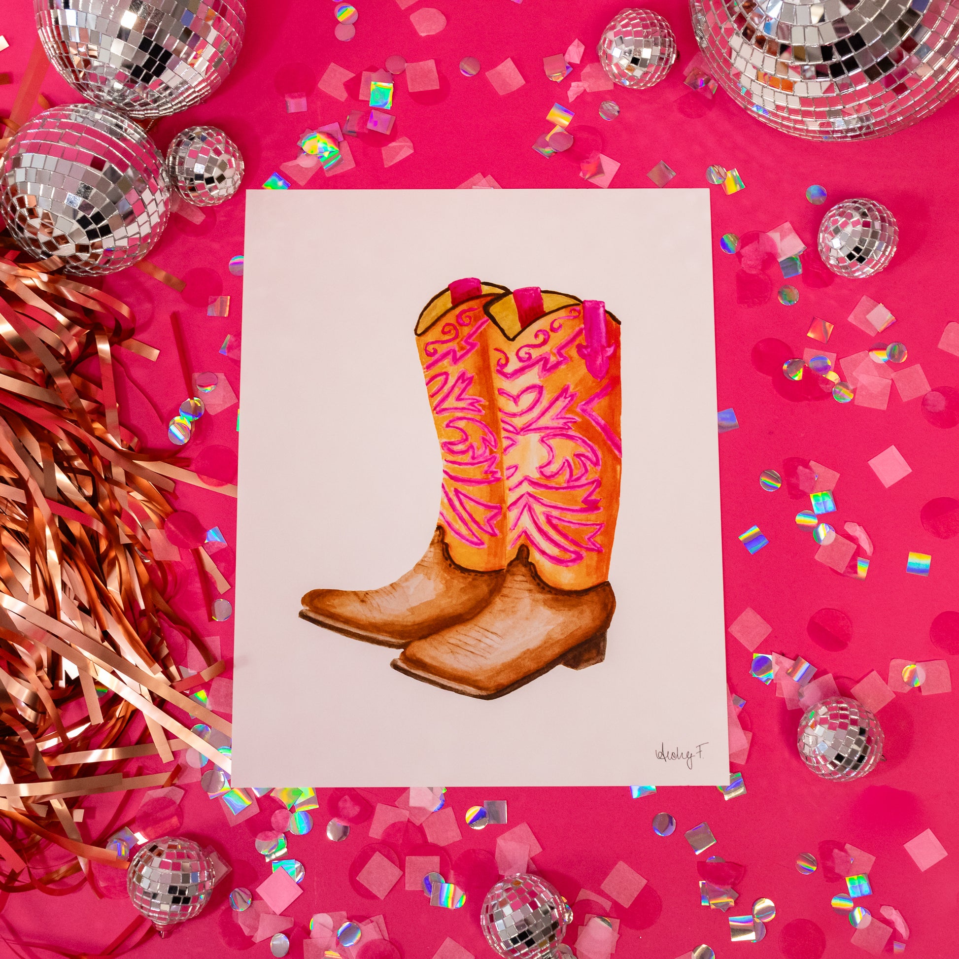Pink And Orange Cowboy Boot Art Print - Gasp