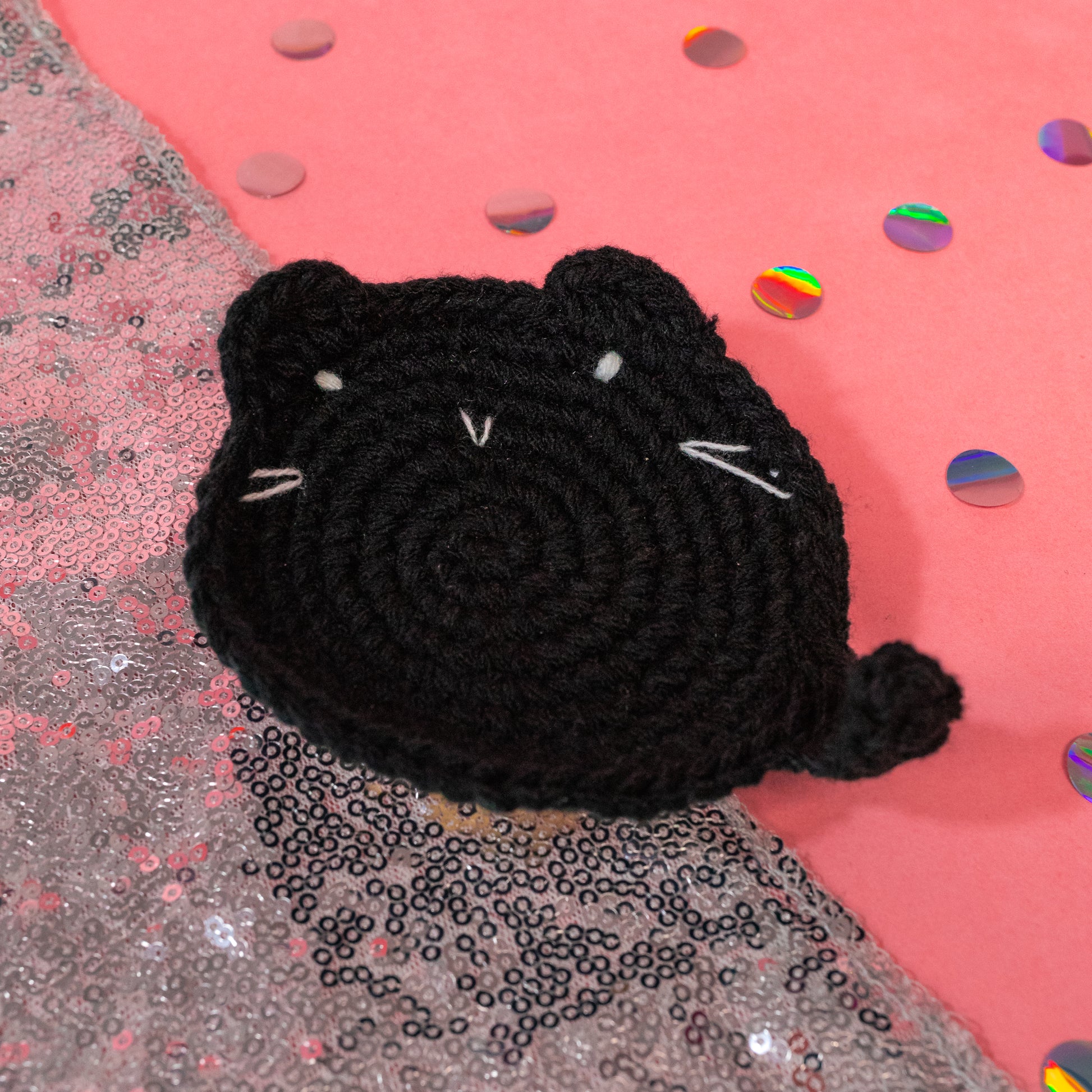 black crotchet cat coaster