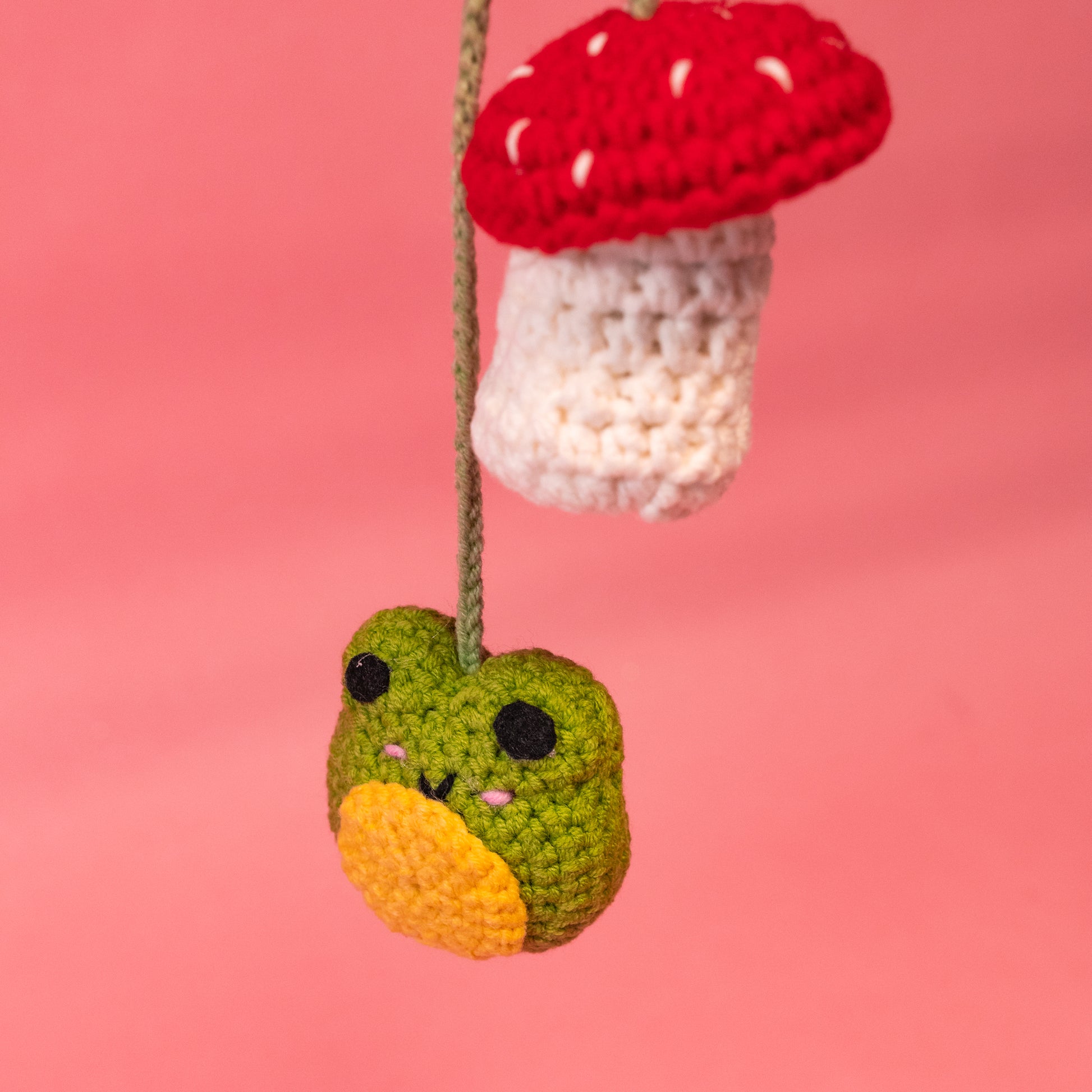 frog and mushroom crochet car hang