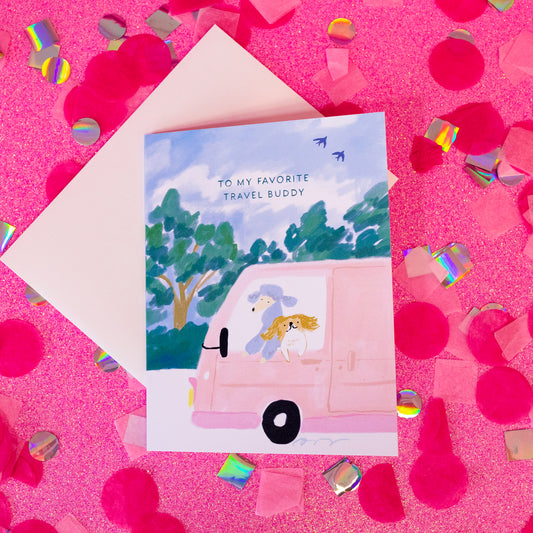 pink van with green trees and blue sky card