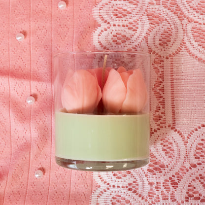 green bottom with pink tulips jar candle