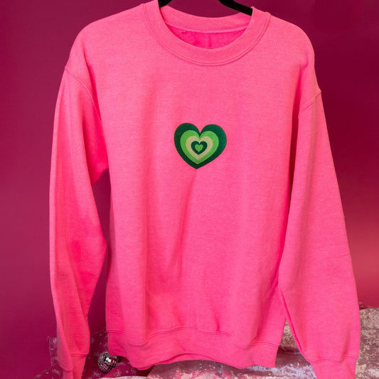 Neon Pink Embroidered Retro Heart Crewneck Sweatshirt