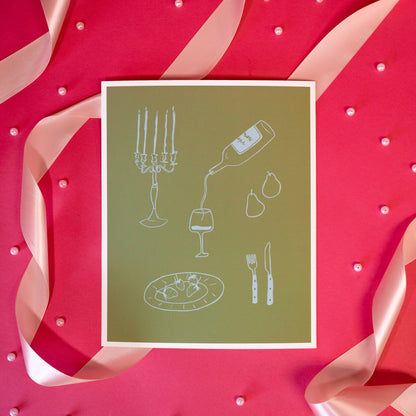 green print with candle sick, fork, knife pears, wine