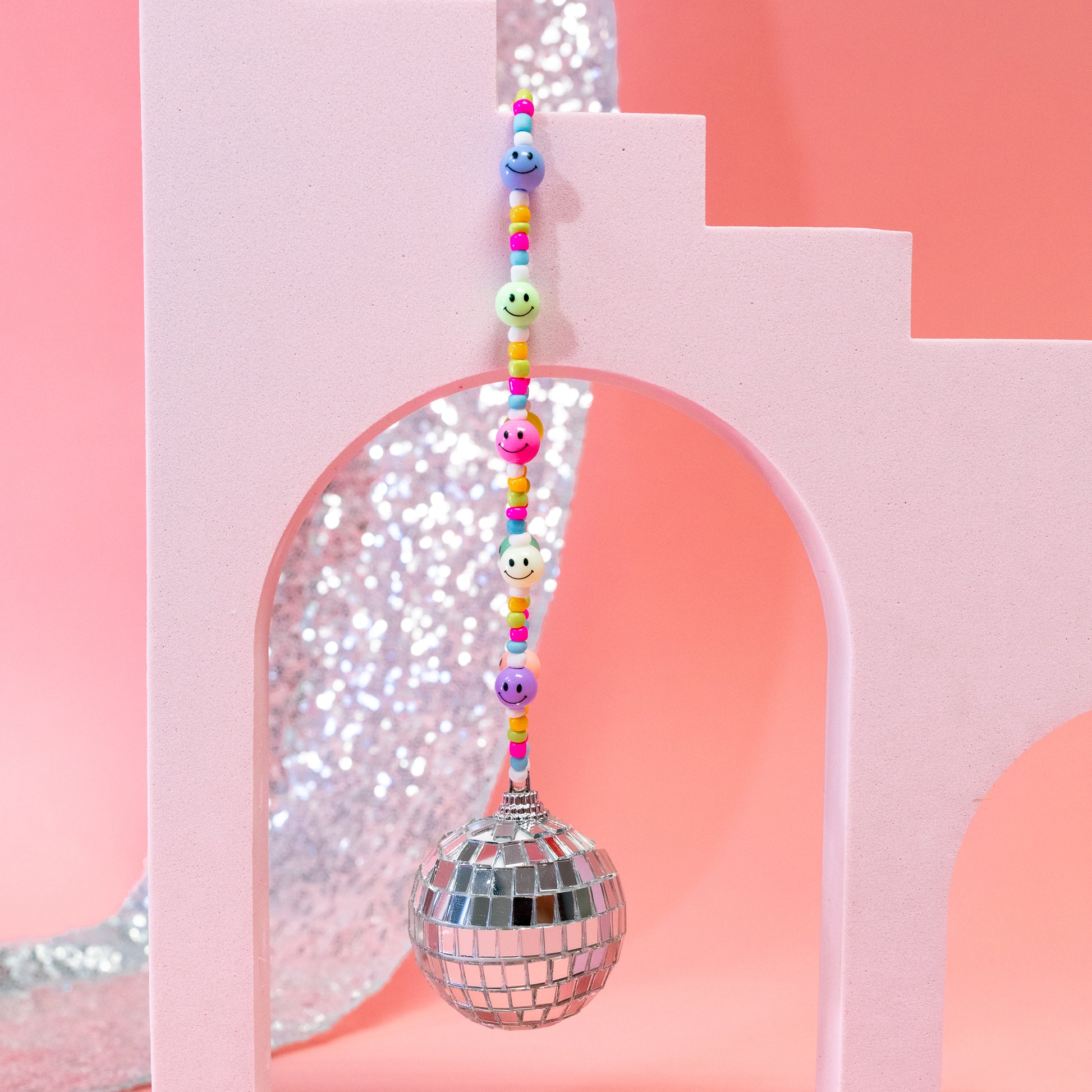 Heart Beaded Pink Cowgirl Hat Disco Ball Car Hanging Rear View 