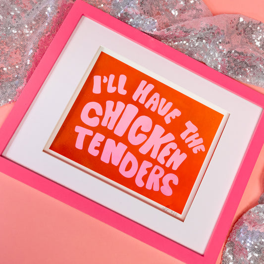 red print with pink letters and pink frame