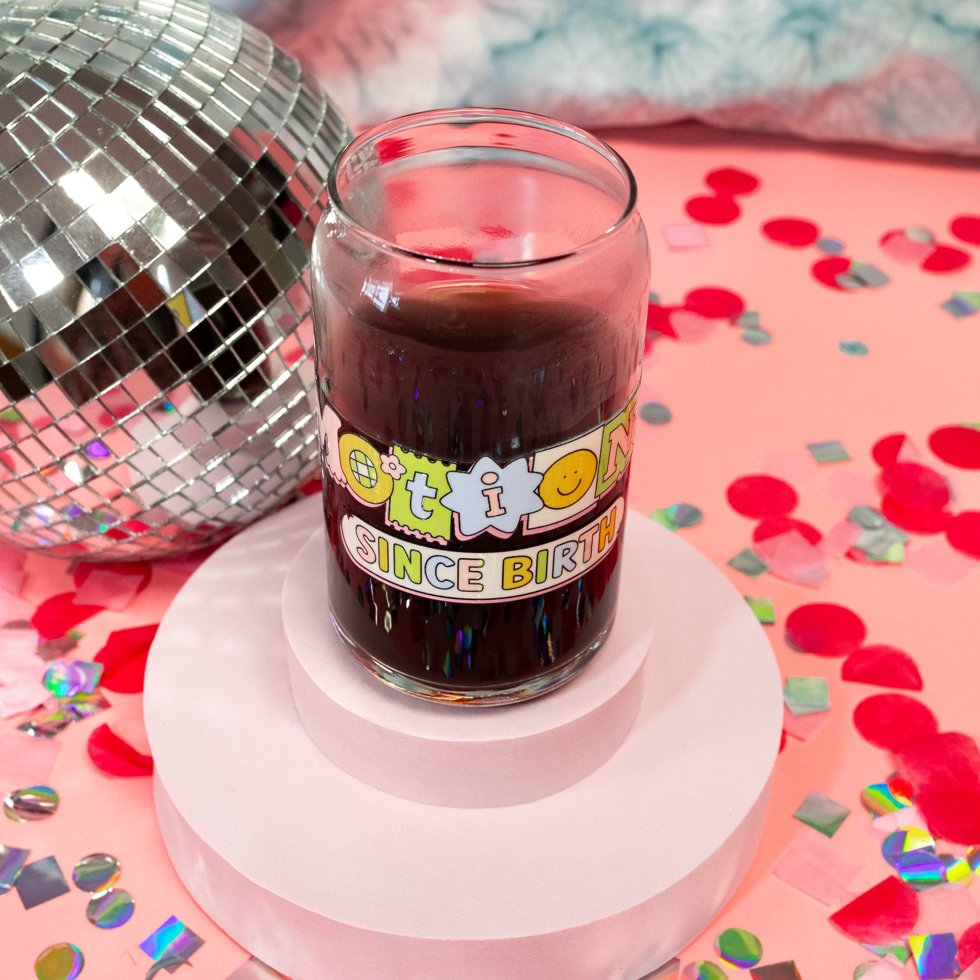 beer can glass confetti and disco ball
