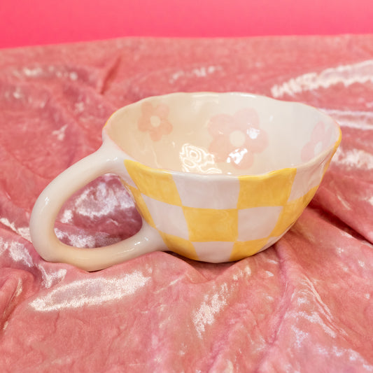 Yellow Checkered Handmade Ceramic Mug