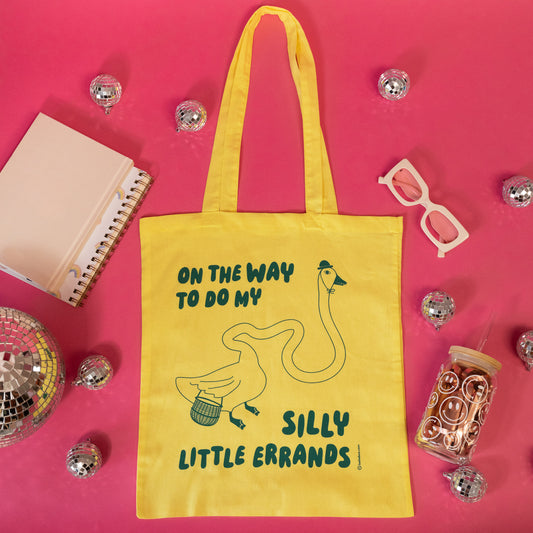 yellow bag with green words