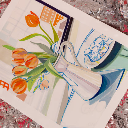 vase, tulips and muffins art print