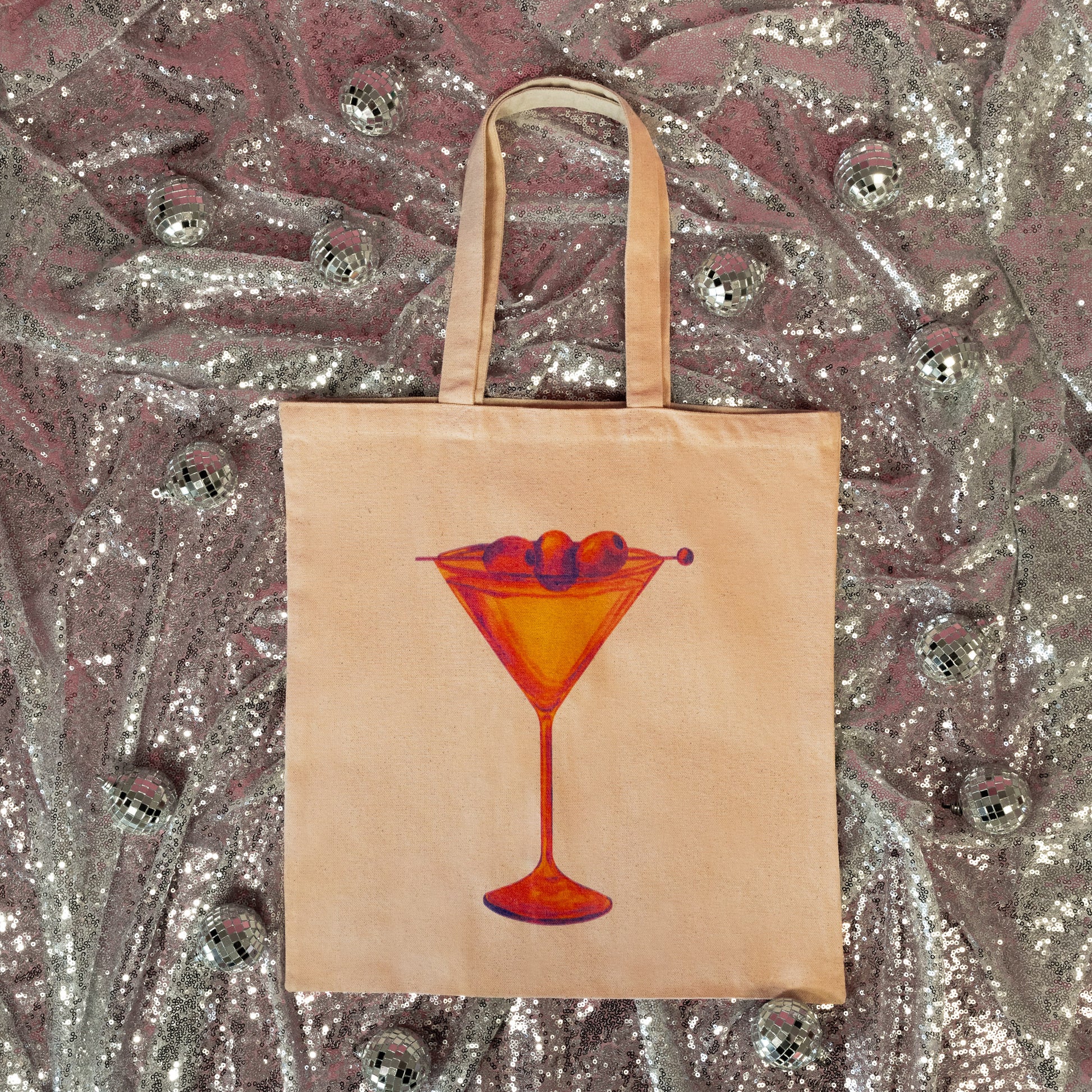 beige tote with orange martini glass