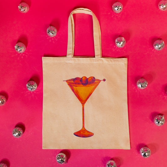 beige tote bag with martini glass