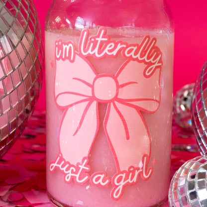 pink bow and words on beer can glass