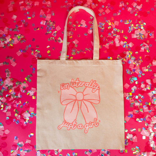 beige tote with pink bow