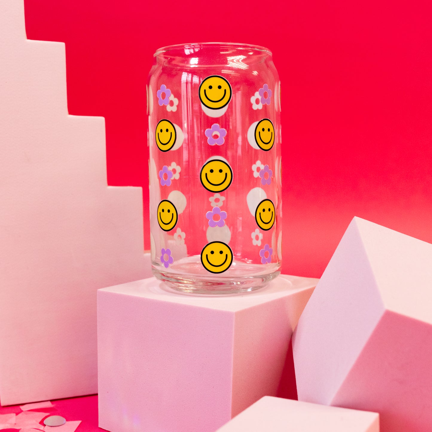 yellow smiley faces with purple daises beer can glass