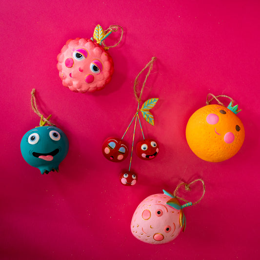 blueberry, raspberry, cherries, orange, strawberry ornaments