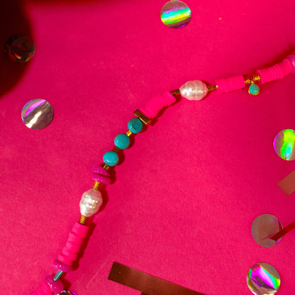 Fuchsia And Pearl Summer Beaded Choker Necklace