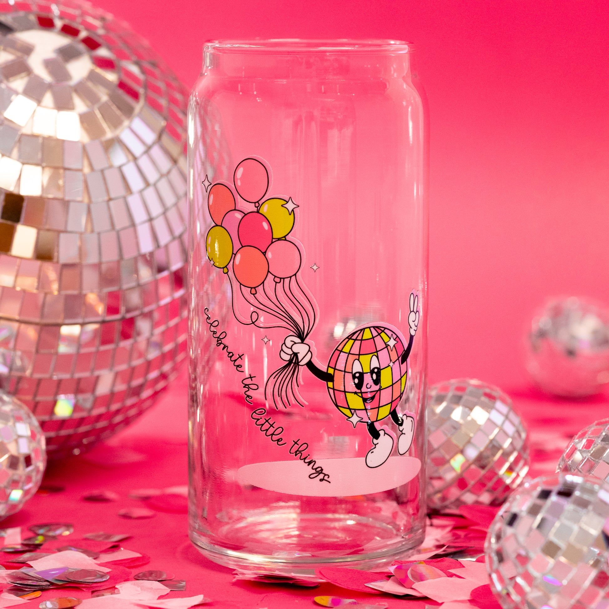 disco ball cartoon holding balloons beer can glass