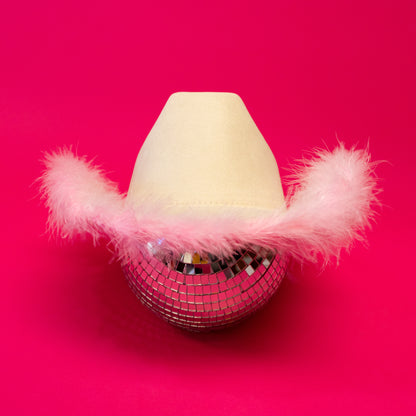ivory cowboy hat with pink feathers