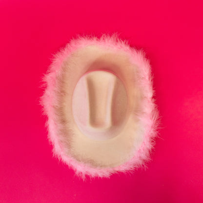ivory cowboy hat with fluffy pink feathers 