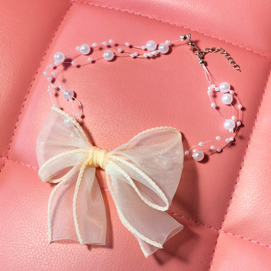 Pearl and Mesh Big Bow Choker Necklace 