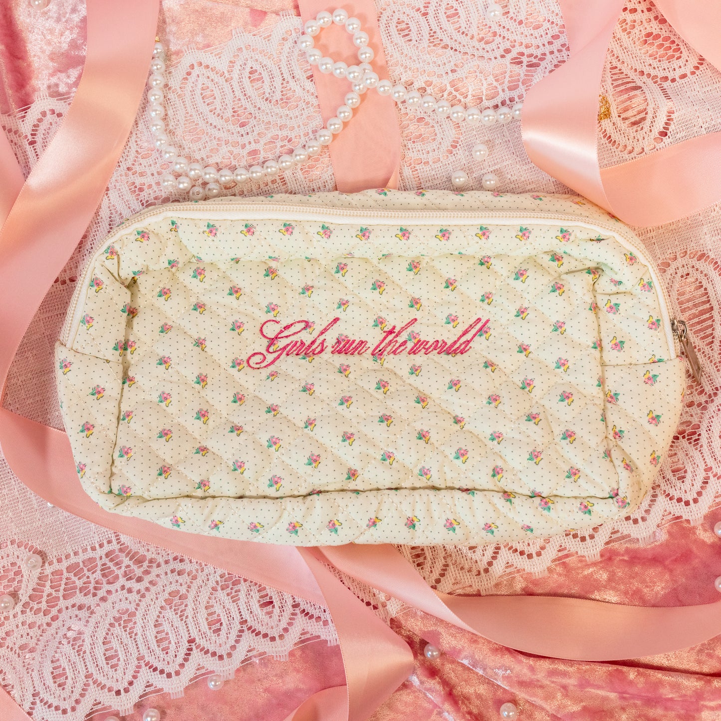 pink embroidered cursive