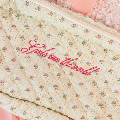floral pouch with pink cursive