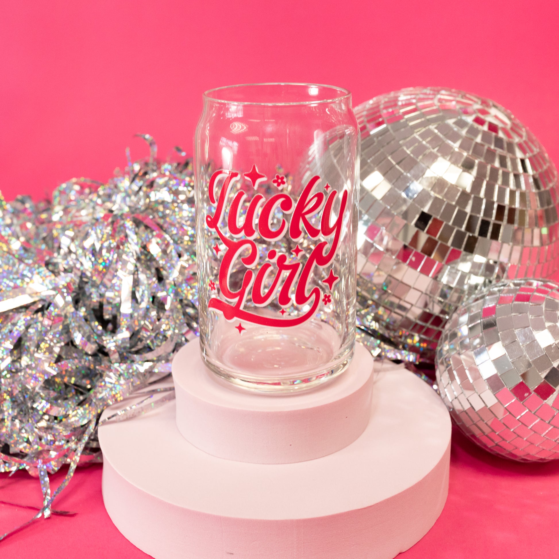 lucky girl clear beer can glass