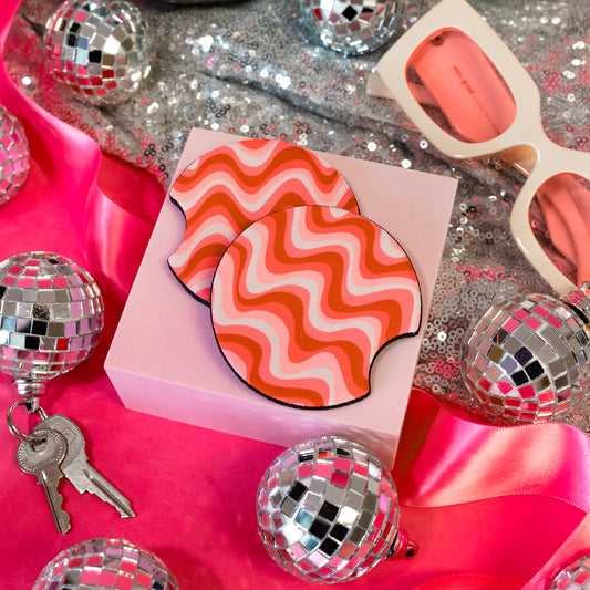 pink and white groovy car coaster
