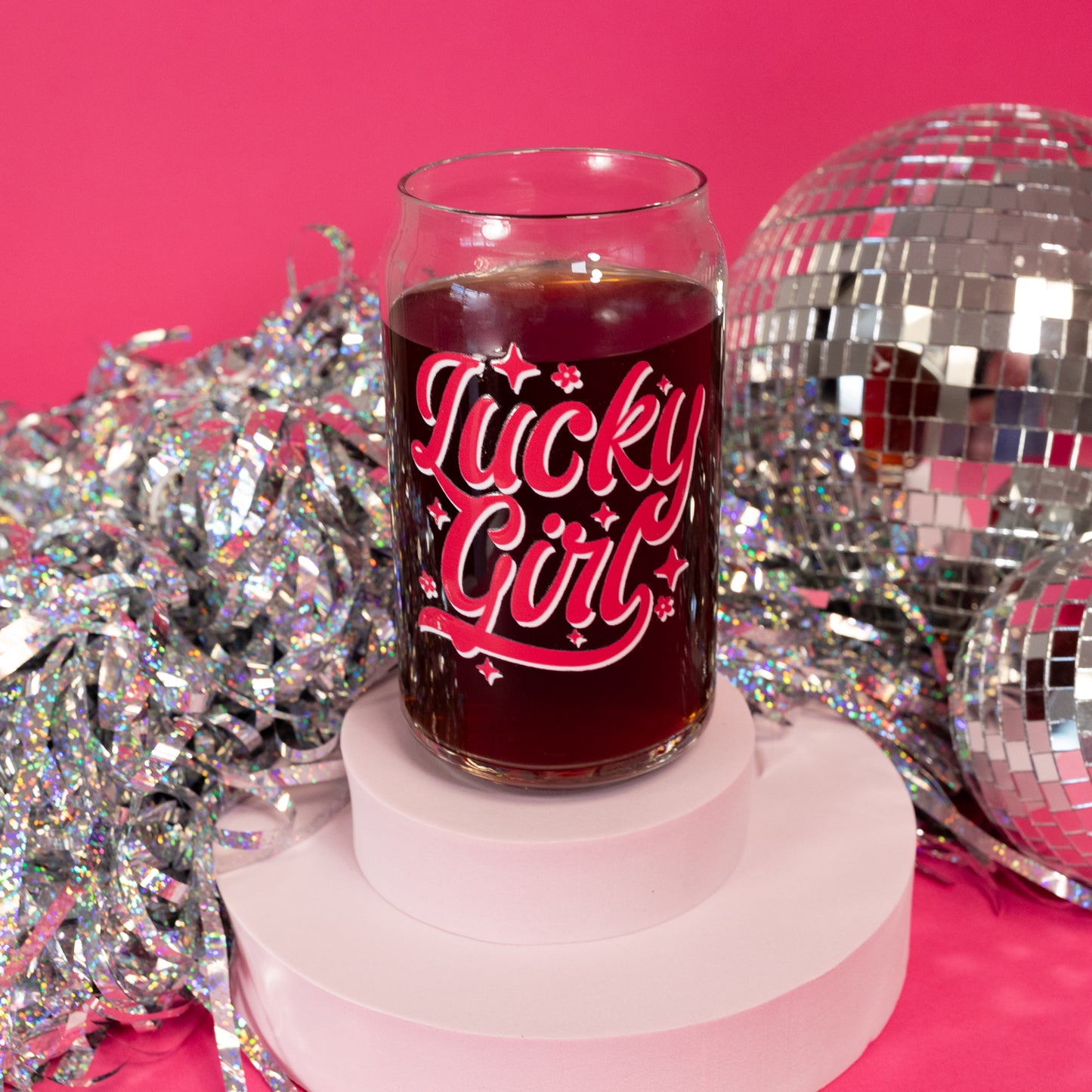lucky girl pink beer can glass