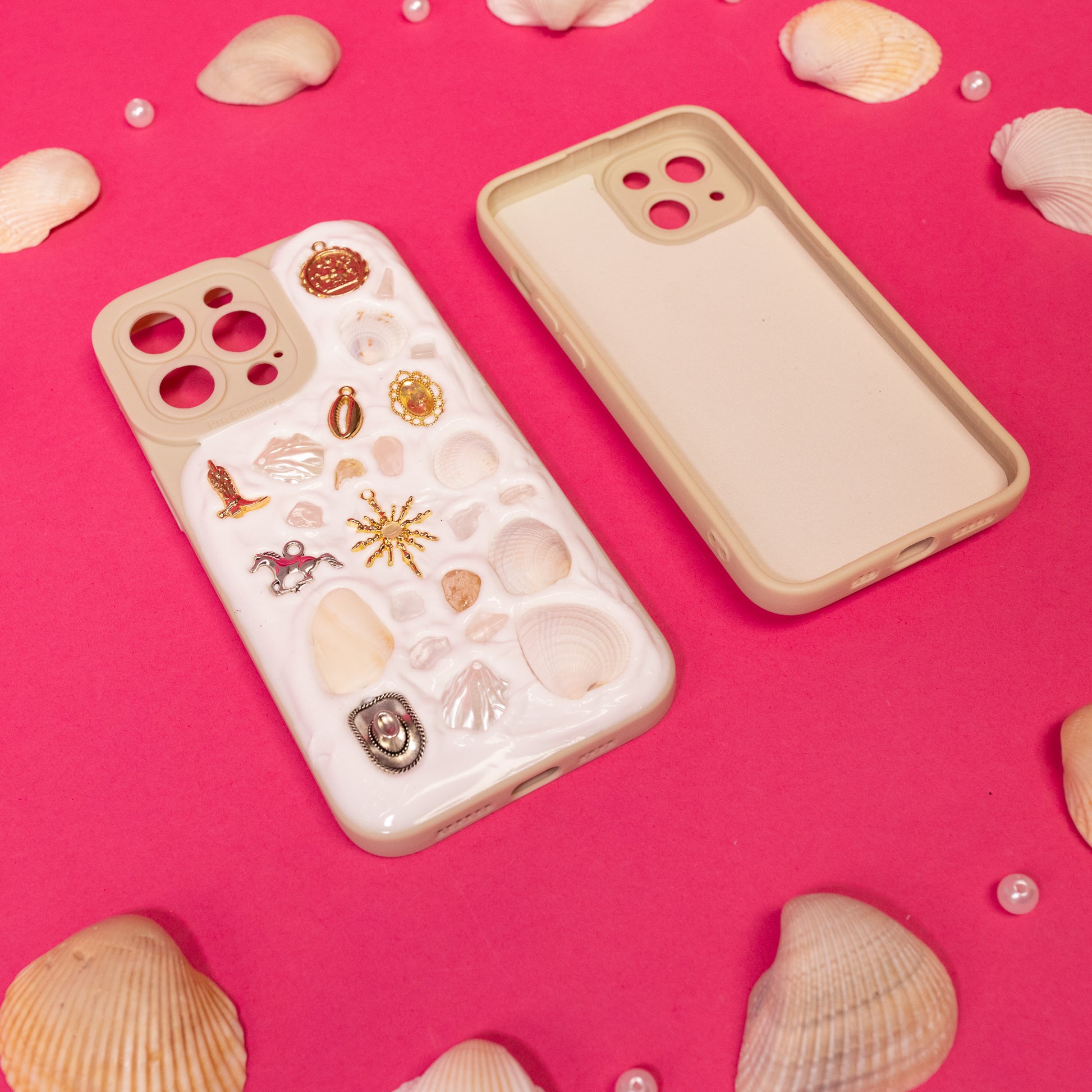 white phone case with colorful charms