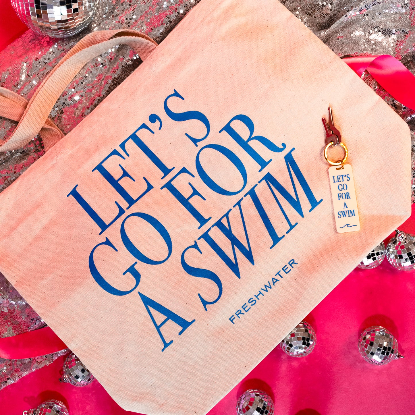 lets go for a swim tote and keychain