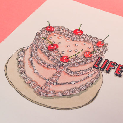 pink heart cake with pearls and cherries