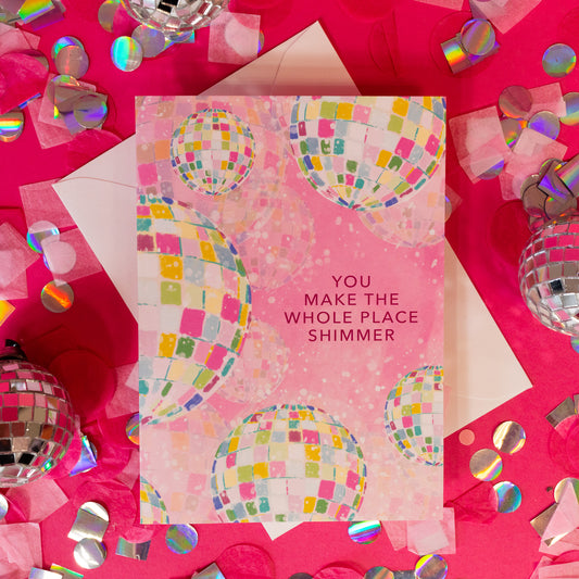 pink card with disco balls