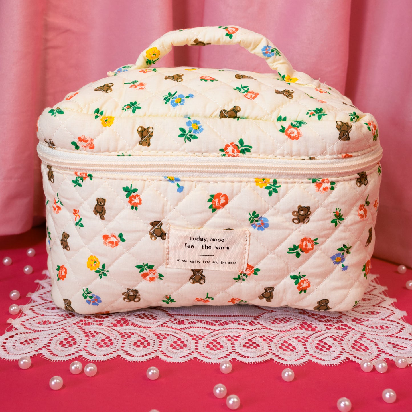 white cosmetic bag with flowers and bears