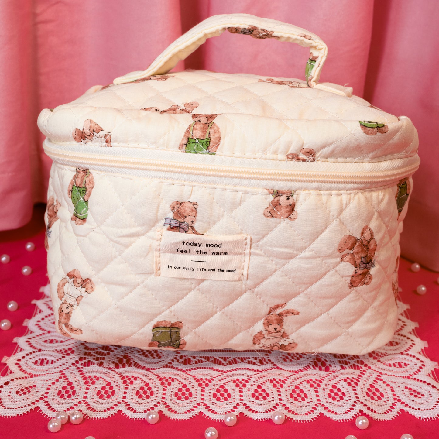 white cosmetic bag with bears