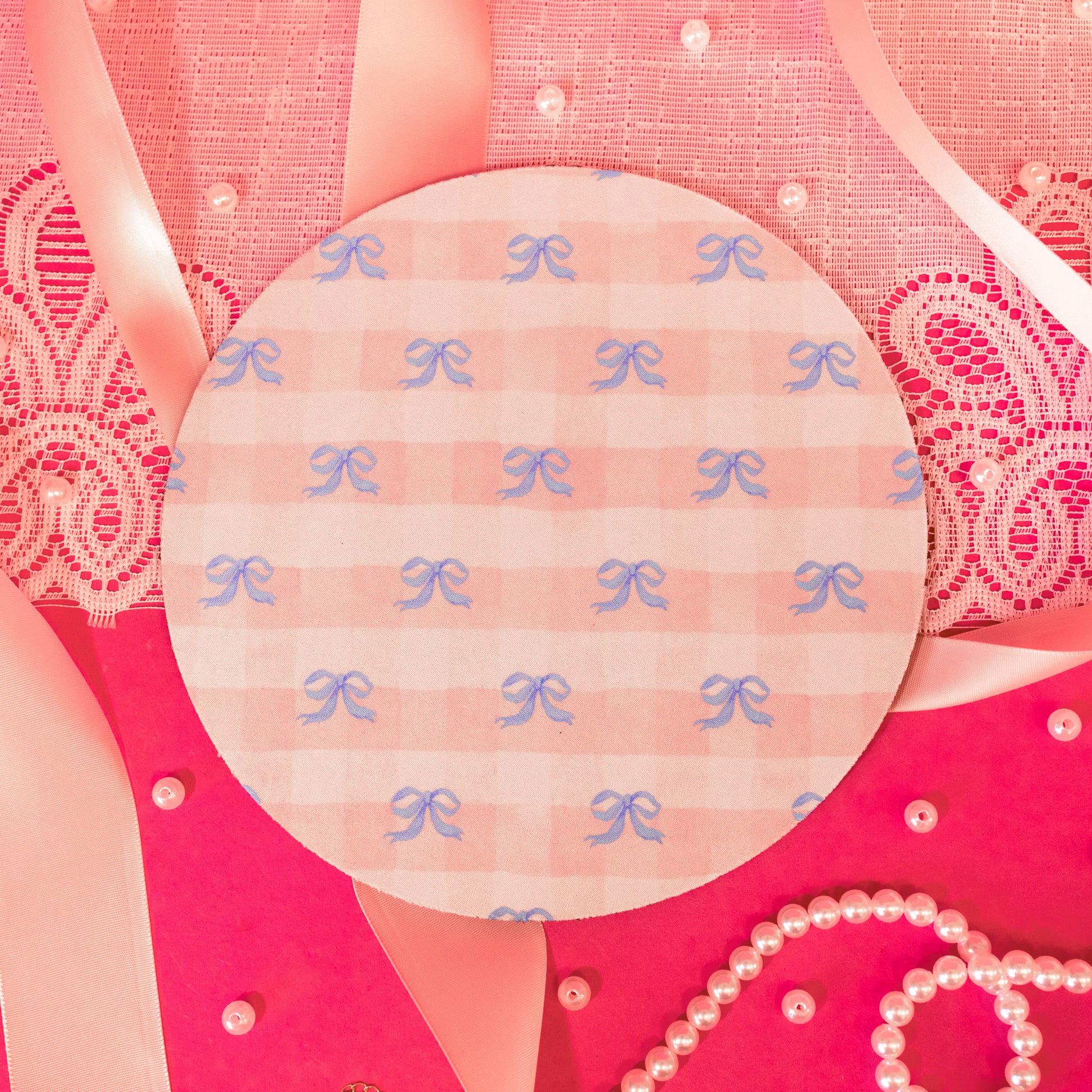 pink mousepad with blue bows
