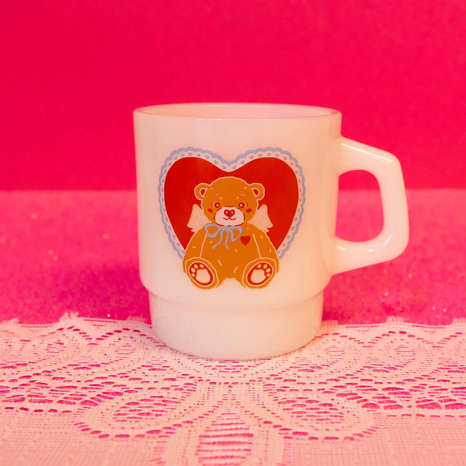 white mug with red heart and teddy bear