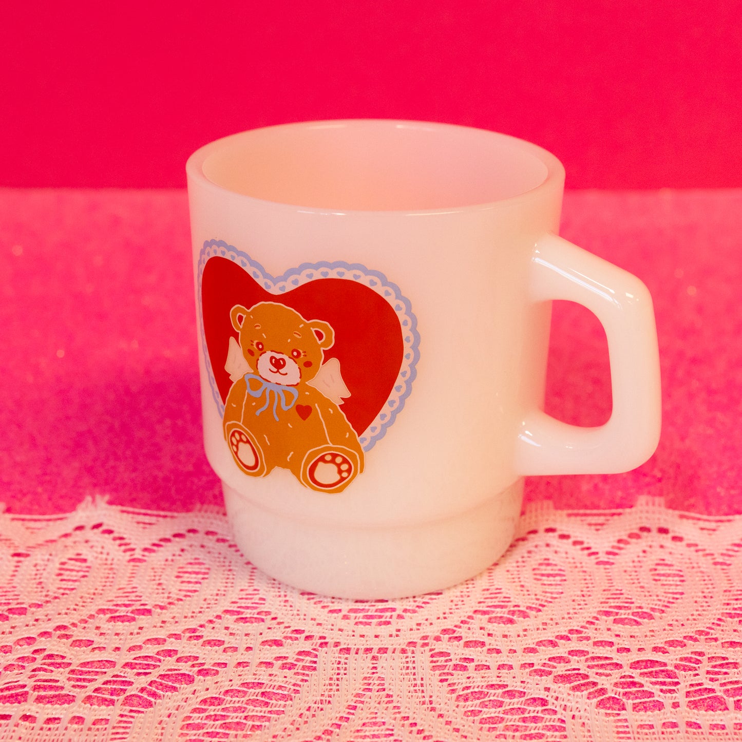 white mug with teddy bear and hearts