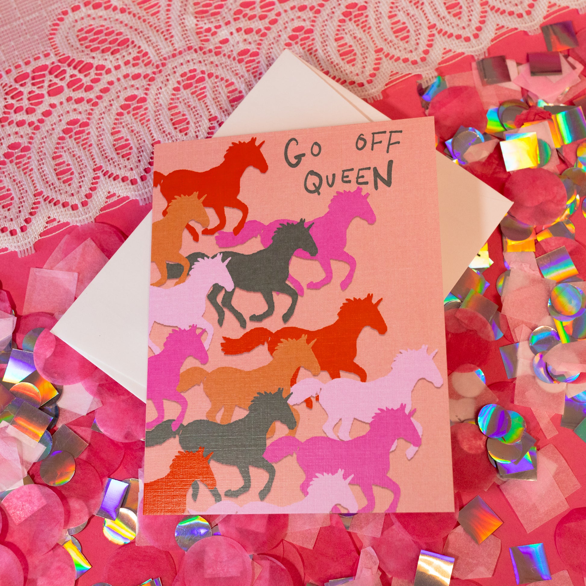 peach card with unicorns