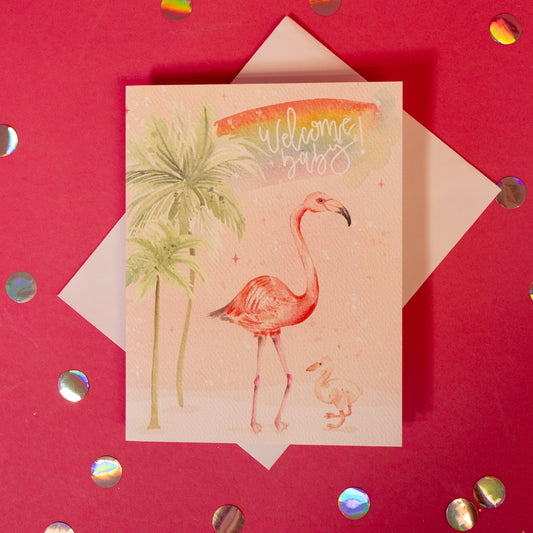 Welcome Baby Tropical Flamingo Greeting Card