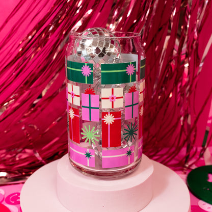 beer can glass with green, white, red and pink presents