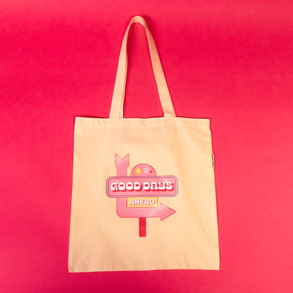 beige tote with pink hotel sign design