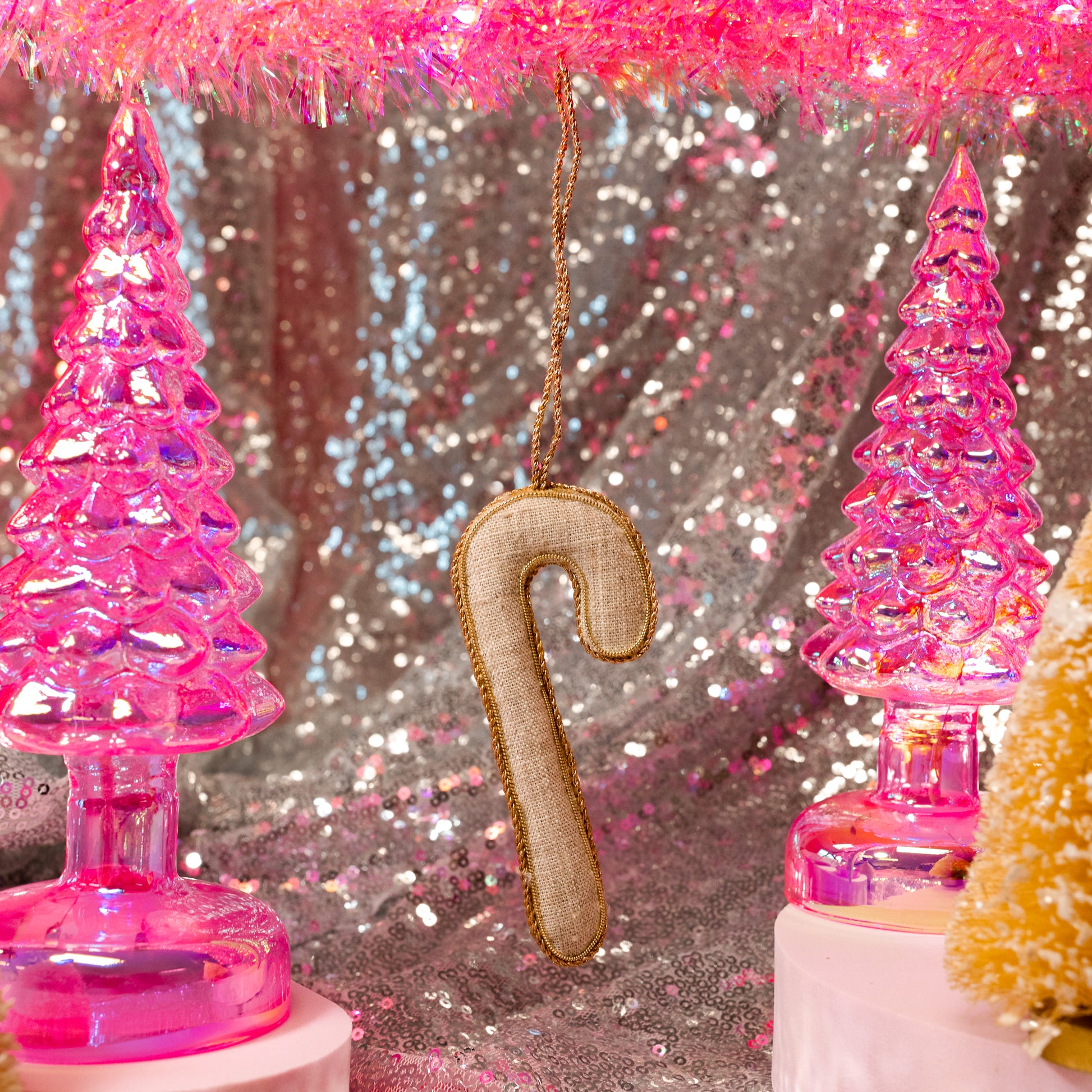 pink christmas trees with beige ornament